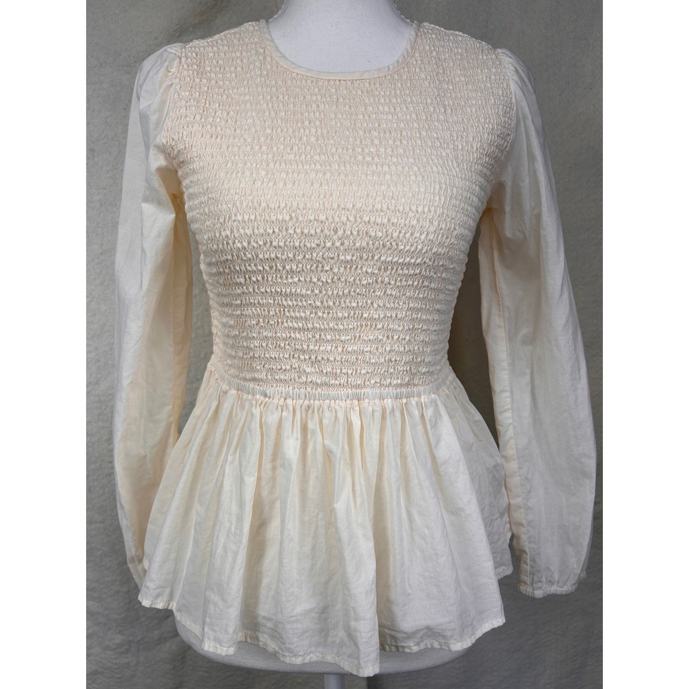 Marine Layer Cottagecore Smocked Peplum Top Cream Long Sleeve Blouse Small